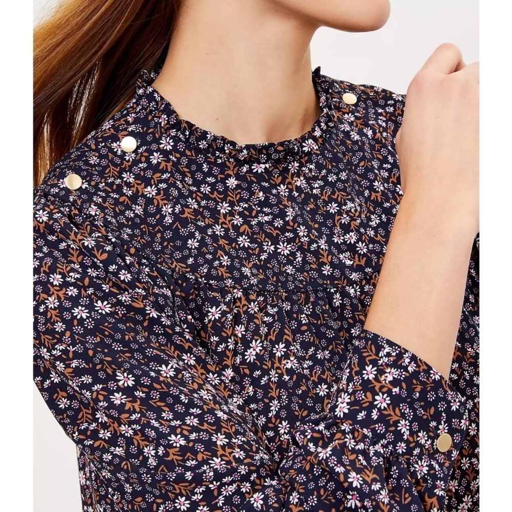 NWT Loft Floral Ruffle Neck Bib Blouse - Picture 3 of 8